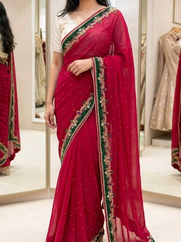 Pink Saree with Embroided Green Border