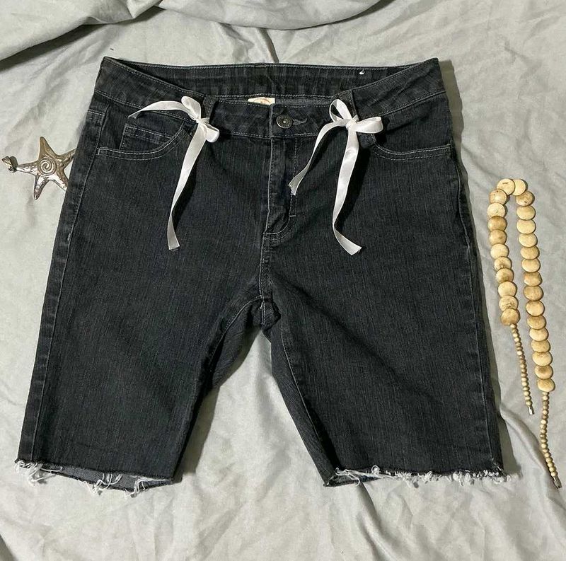 Dark Wash Denim Bermuda Shorts with Bow Detail