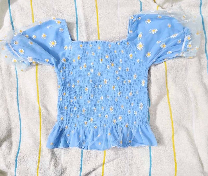 cute Daisy Smocked Top with Mesh Sleeves