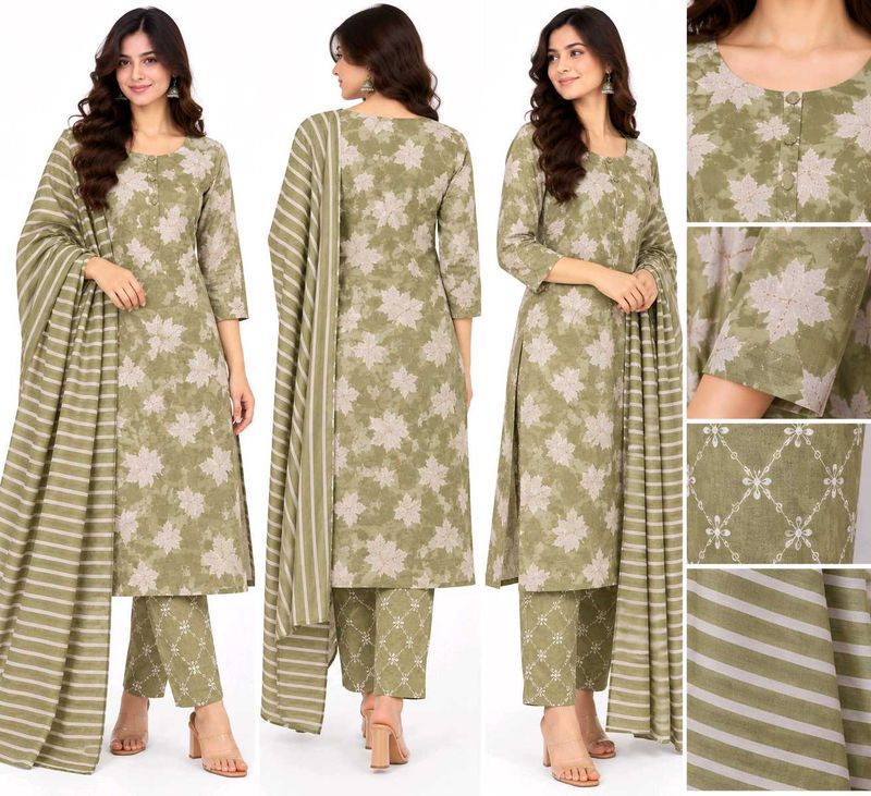 Stylish Green Floral Kurta Set with Dupatta(unstit