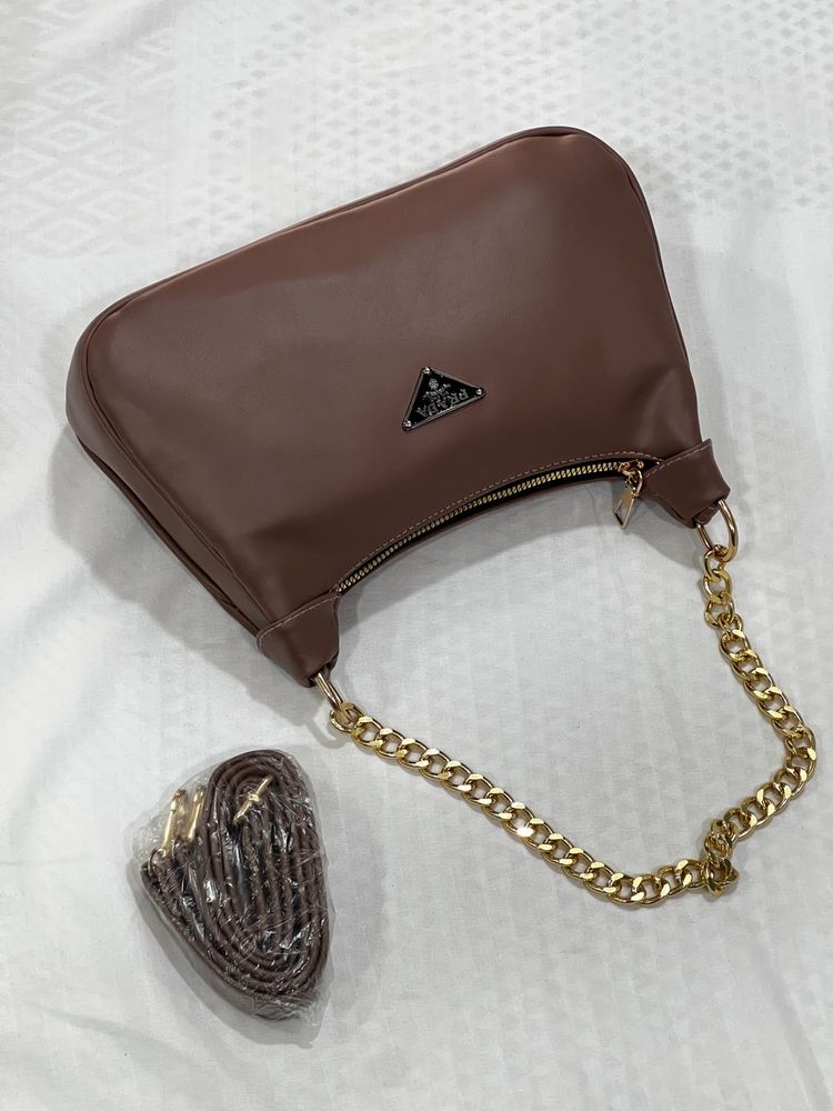prada inspired Brown Shoulder Bag with Gold Chain