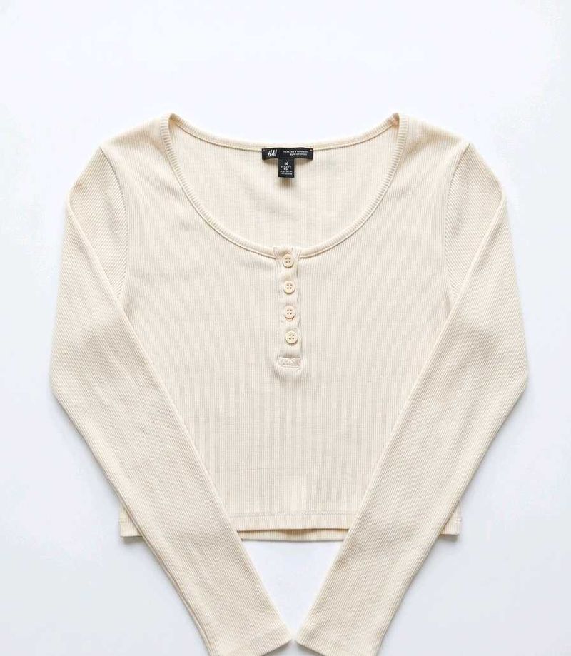 Cream Ribbed Henley Long Sleeve Top