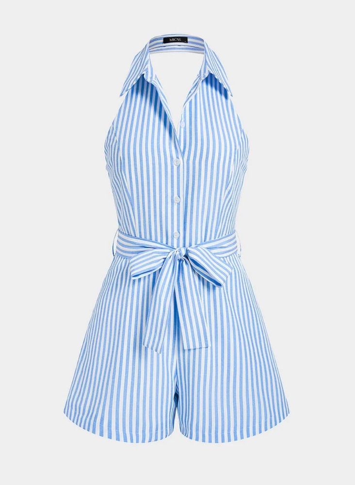 Blue Striped Halter Neck Romper