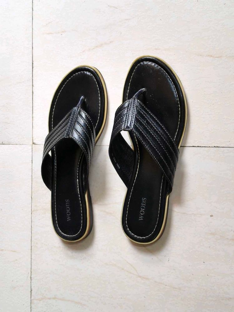 Woods Women Black Leather Flat Slip On