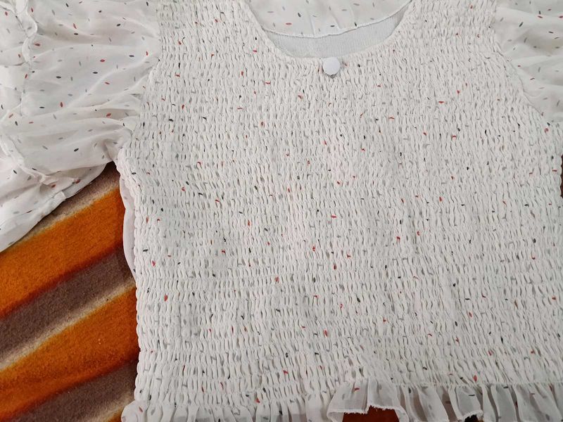 White Textured Puff Sleeve Top
