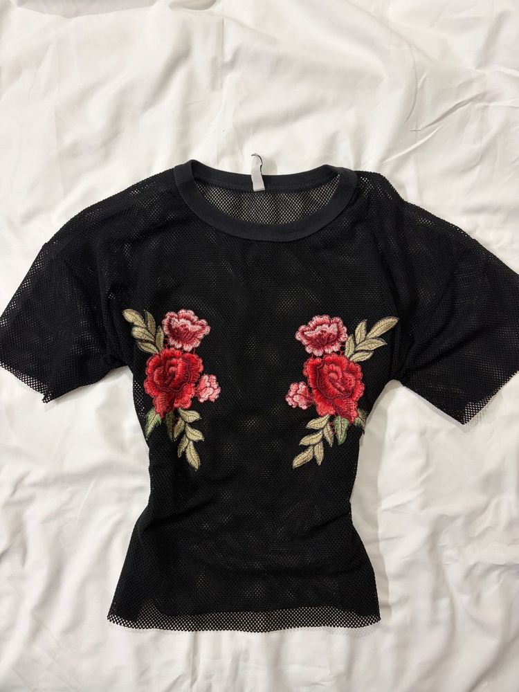 Sheer Black Rose Embroidered Top