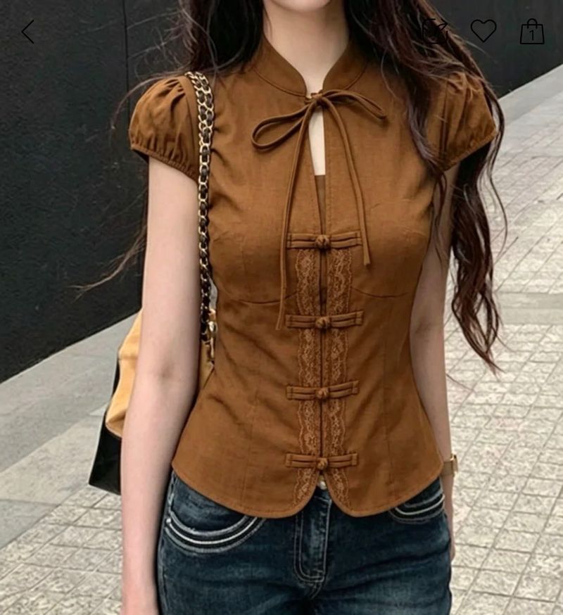 Brown Lace Detail Chinese Collar Top