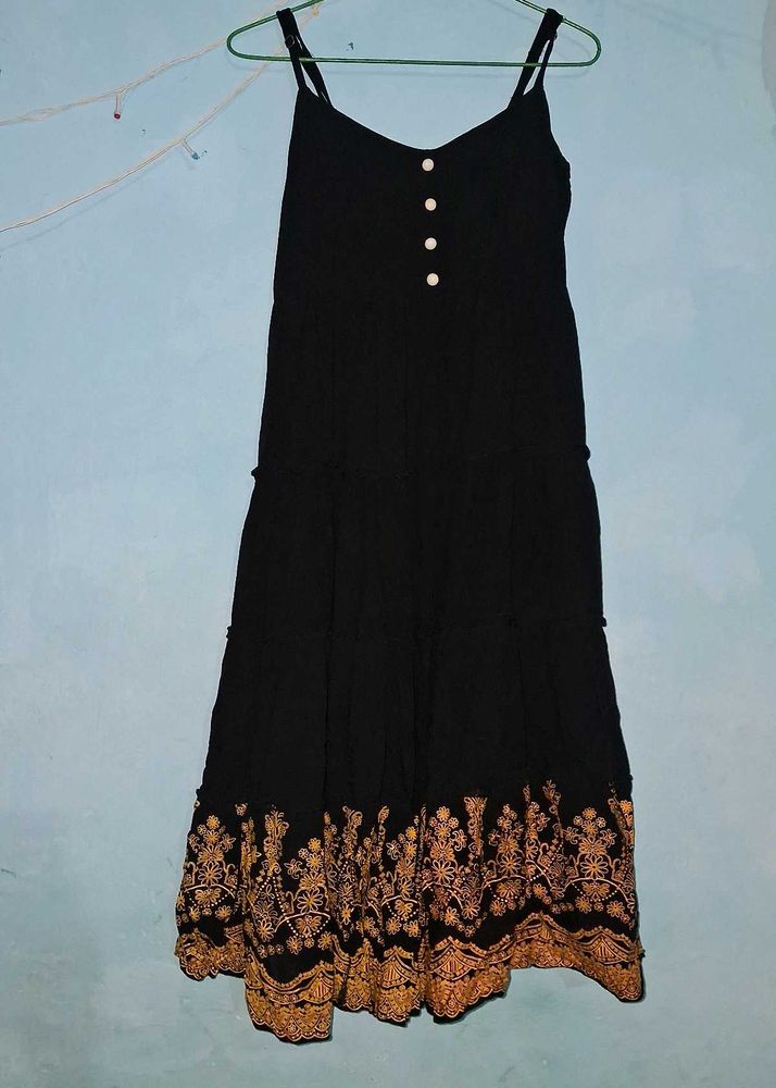 Black Tiered Maxi Dress with Embroidery