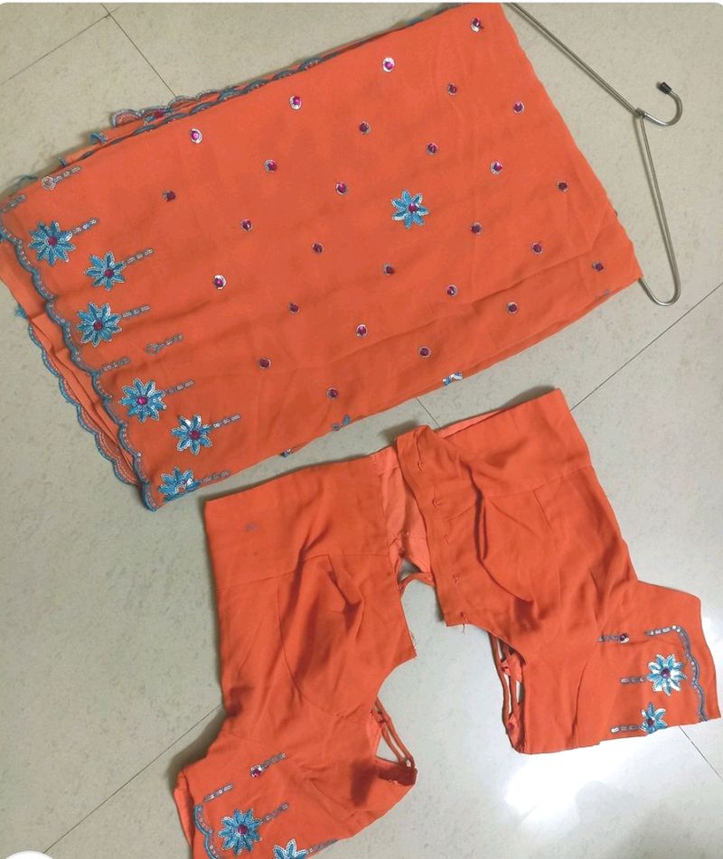 🧡💙Orange Blue &amp; 💕 Pink Tikka Work Saree 🧡💙