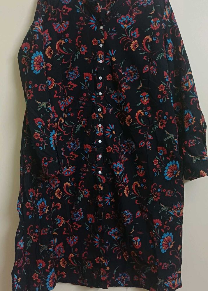 Black Floral Print Kurta