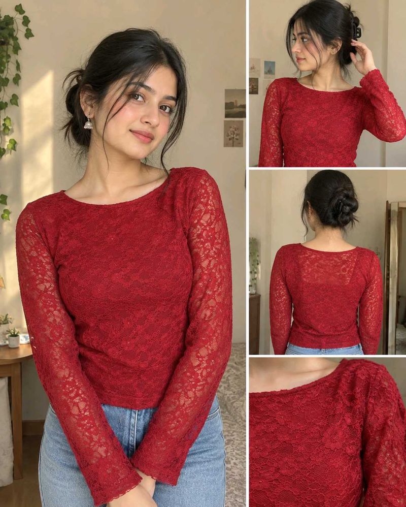 Chic Red Lace Long Sleeve Top