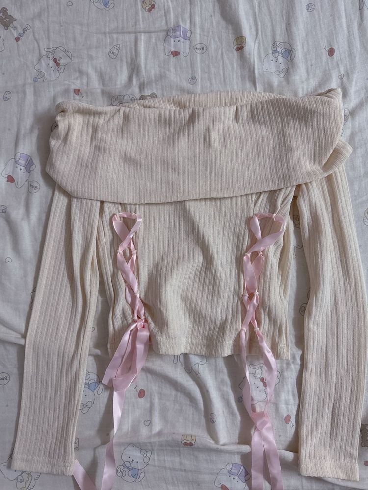 Cream Off-Shoulder Ribbed Top with Pink Laces