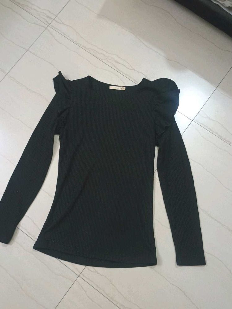 Elegant Black Long Sleeve Top|Designer shoulders