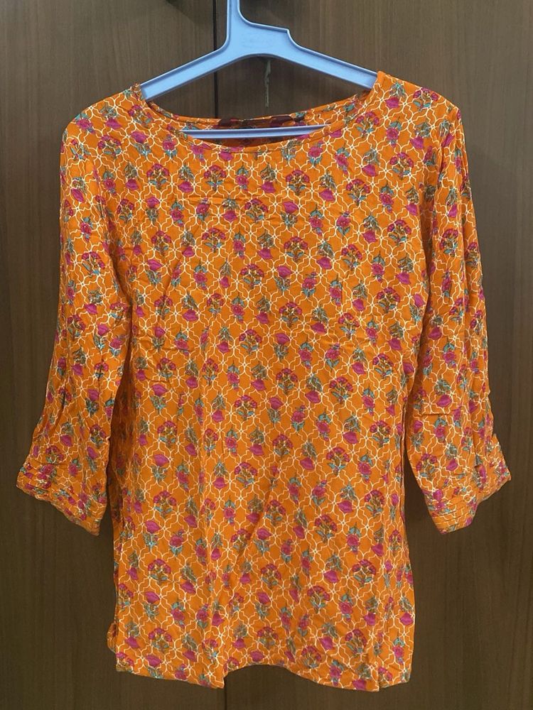 Orange Floral Print Kurta