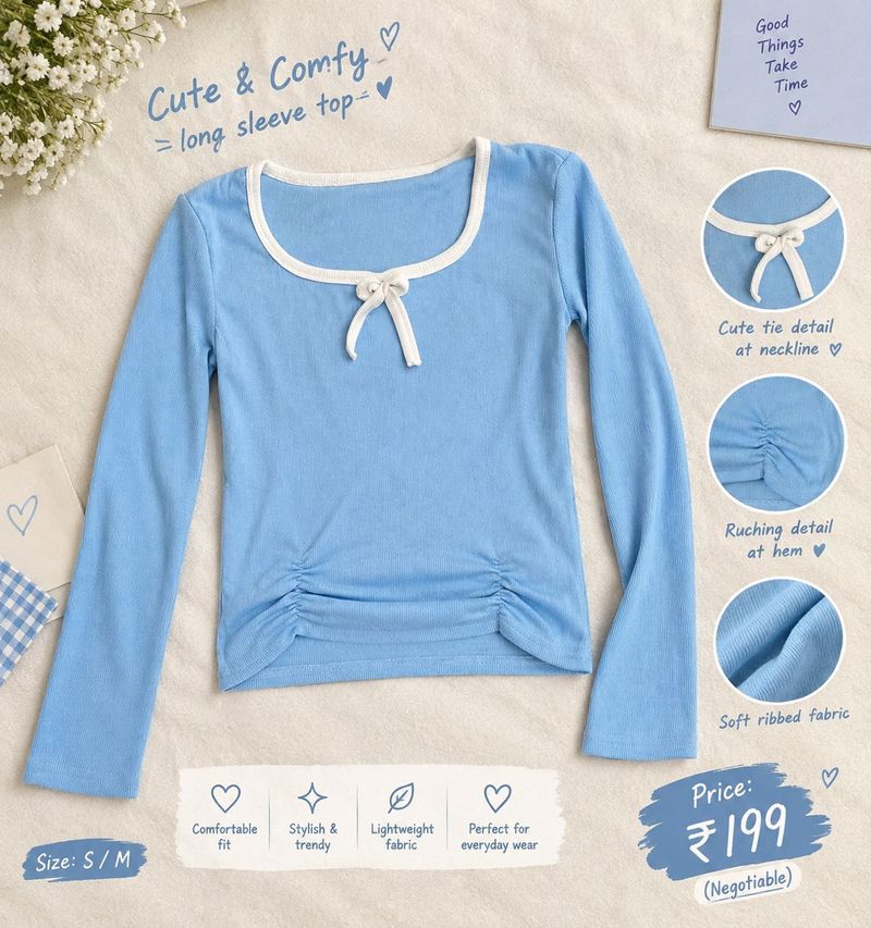 Cute Blue Long Sleeve Top