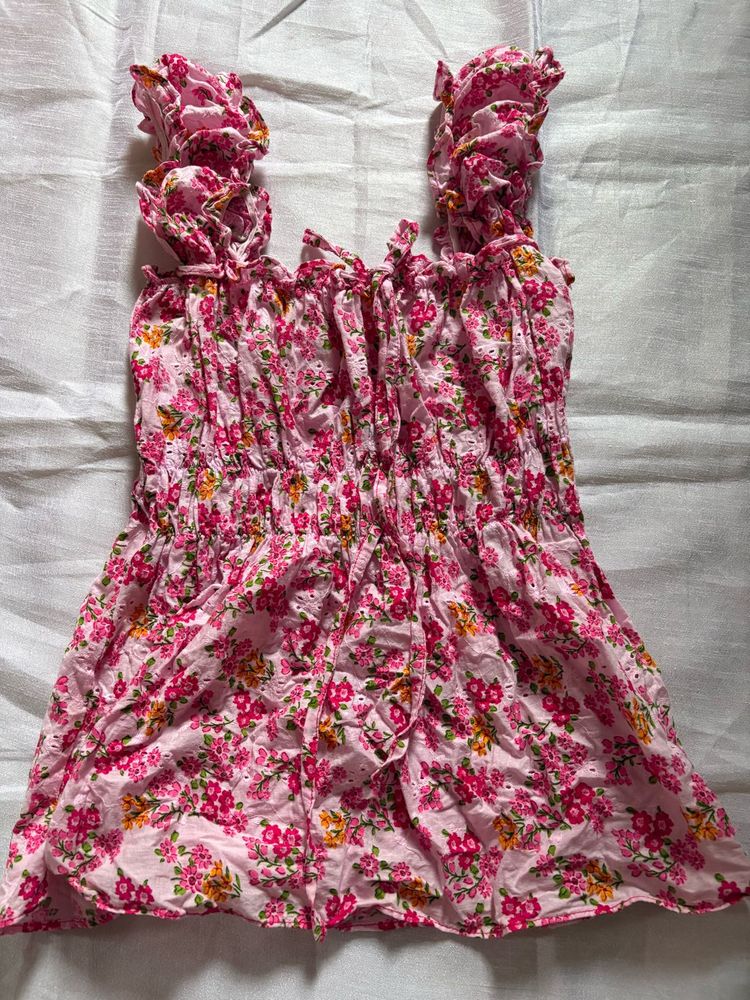 Pink Floral Smocked Crop Top