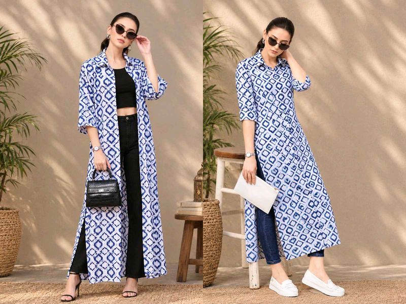 💠Blue &amp; White Shrug/Kurta in Geometric Print