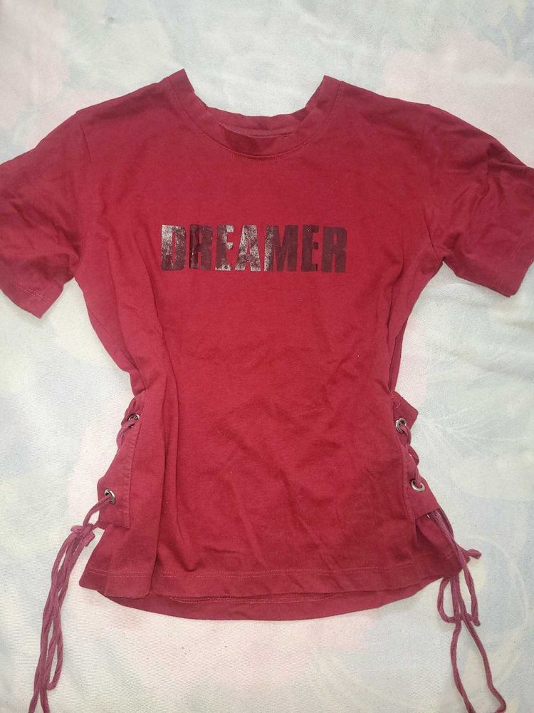 Red "DREAMER" Lace-Up T-Shirt