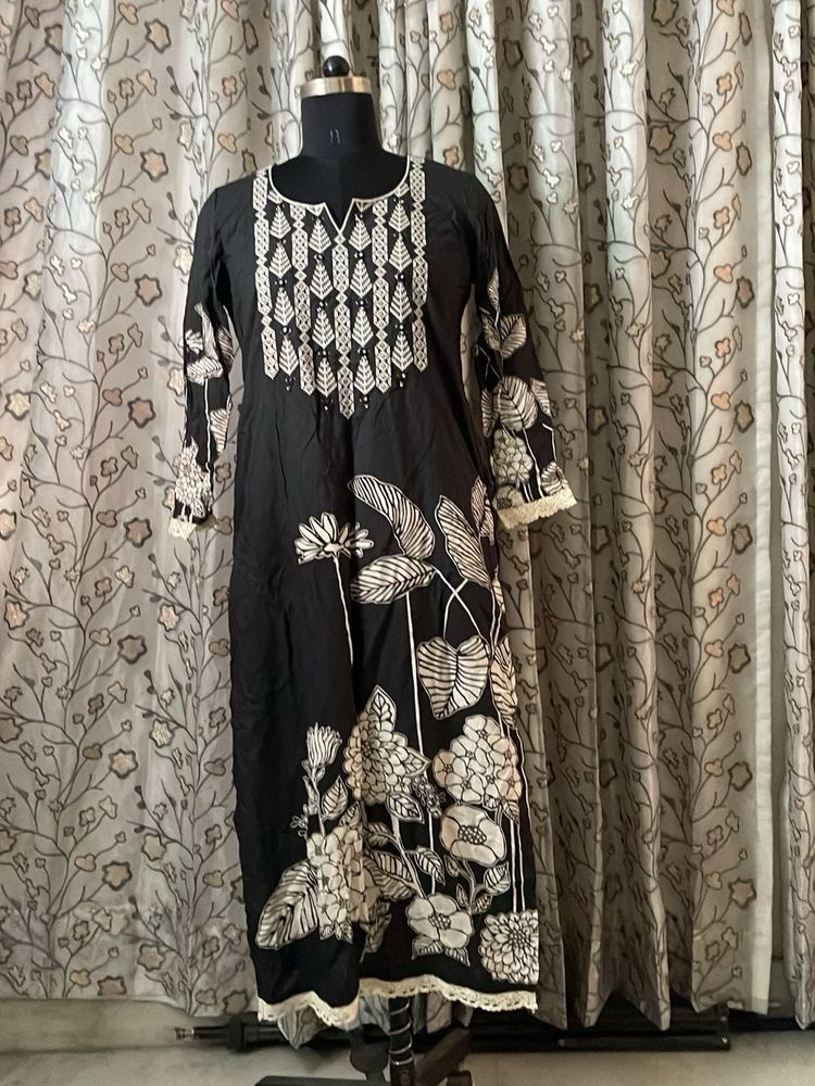 Black Kurta with White Floral Print