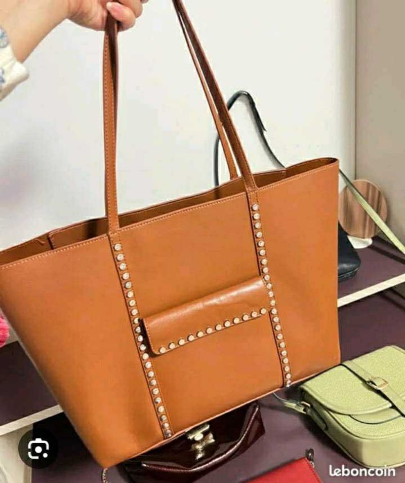 Stylish Brown Leather Tote Bag with Studs