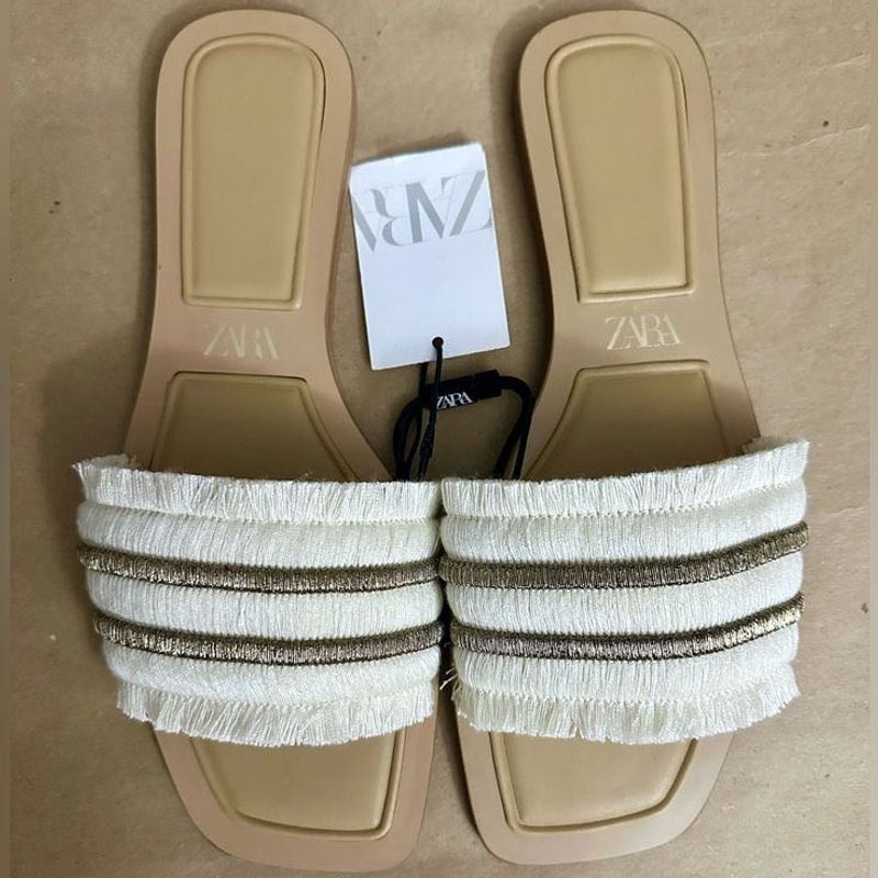 Zara White Fringed Flat Sandals