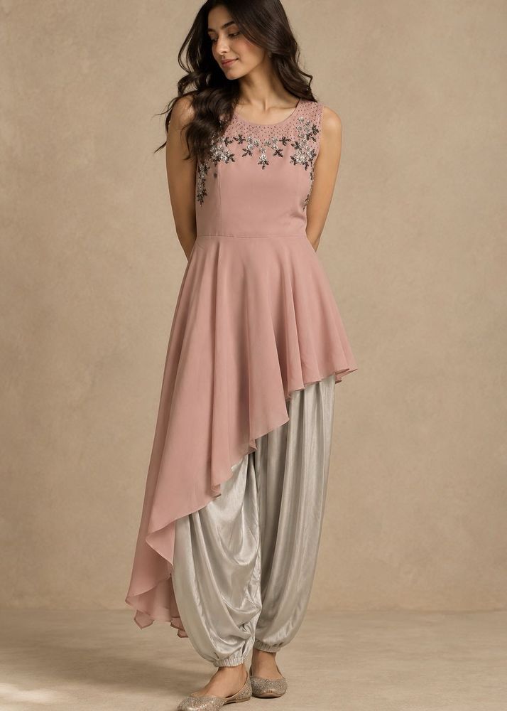 Embroidered Asymmetrical Kurta with Dhoti Pants