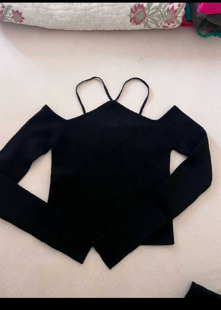 off Shoulder Ribbed Knit Top with strips