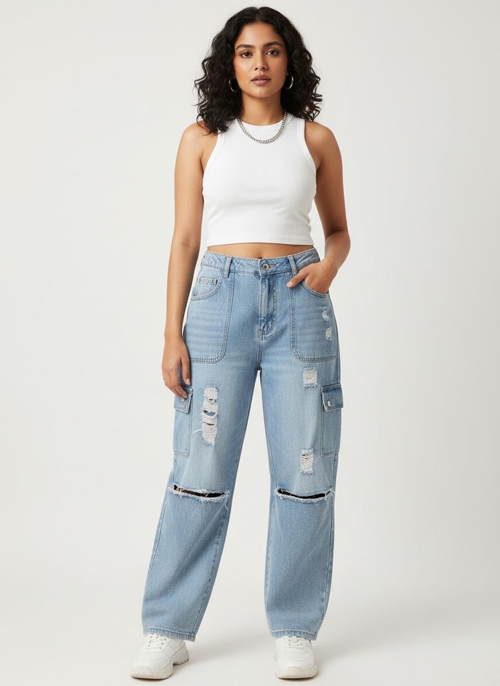 Distressed Cargo Jeans with Knee Cutouts