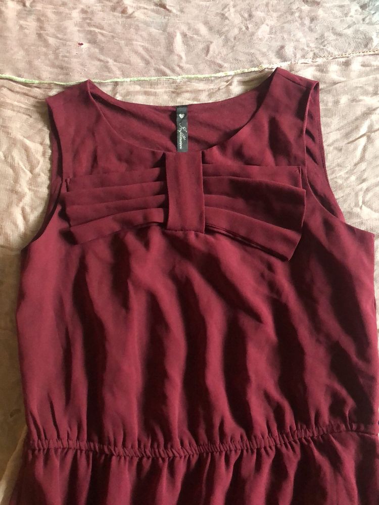 Dark Purple Dress With Pleated Bow Accent