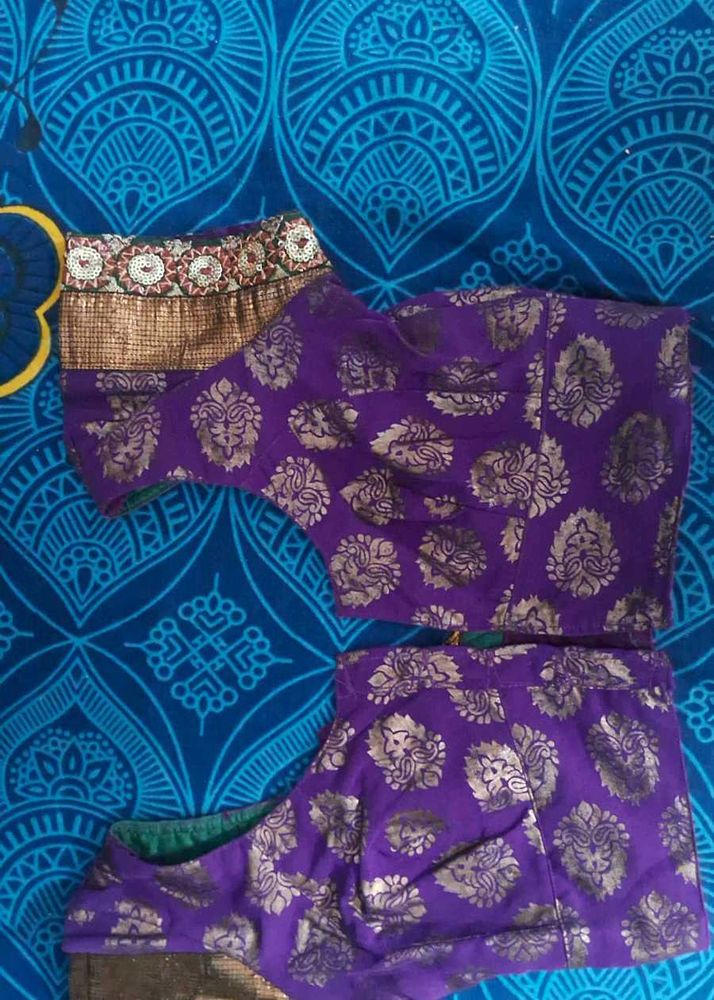 Purple+ Navy Blue  Brocade Sari With Blouse