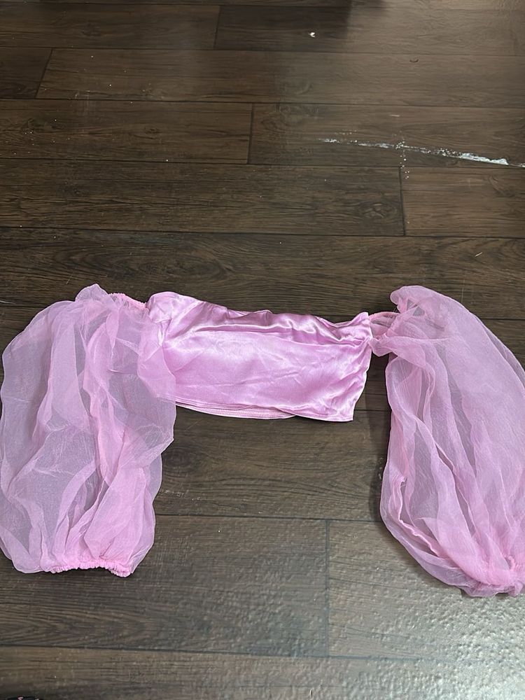 Pink Sheer Sleeve Crop Top