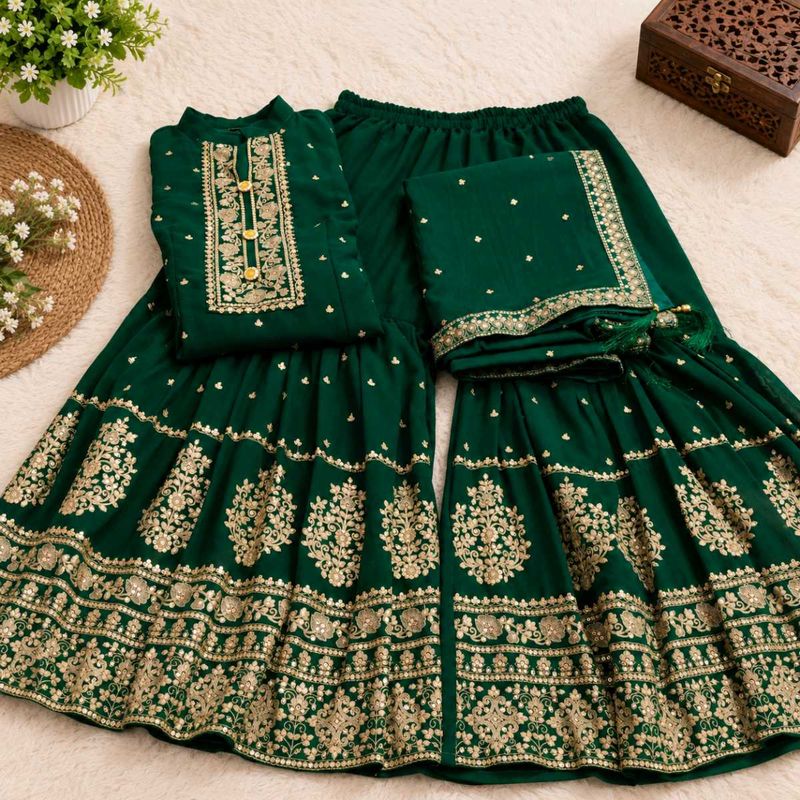Elegant Green Embroidered Shrara suit