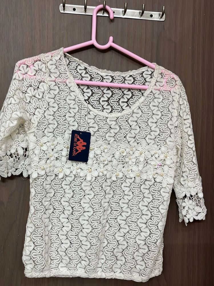 White Lace Blouse with Pearls