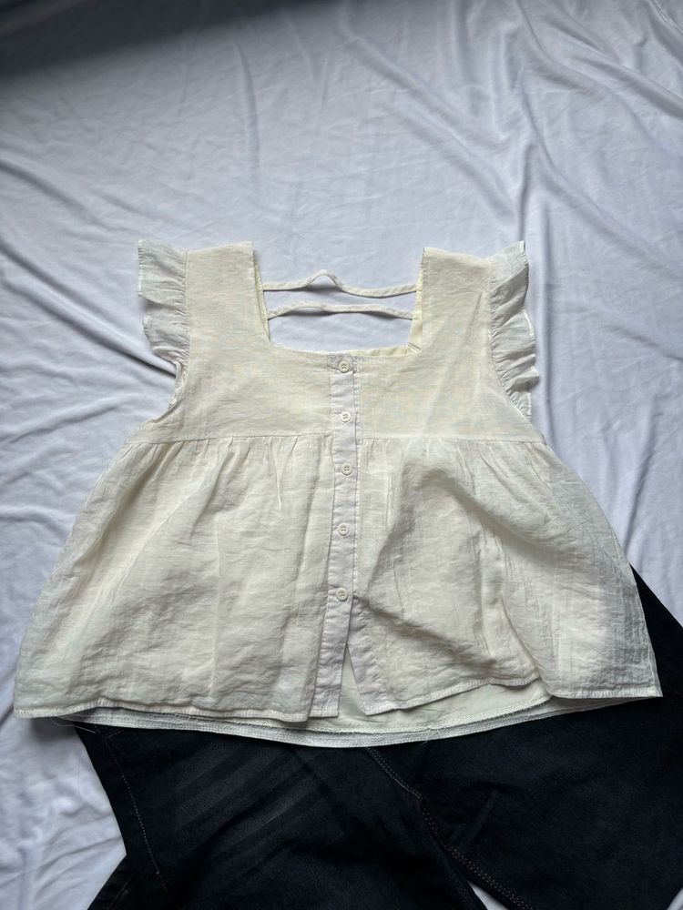 Cream Ruffle Sleeve Square Neck Top