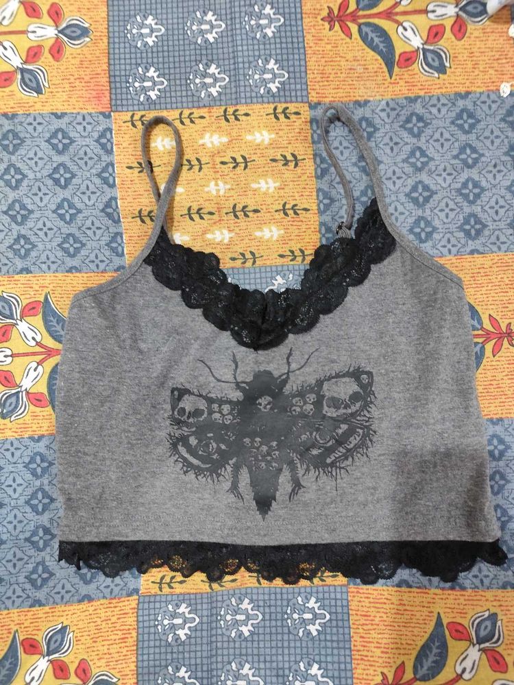 Grey Moth Skull Lace Trim Cami Top