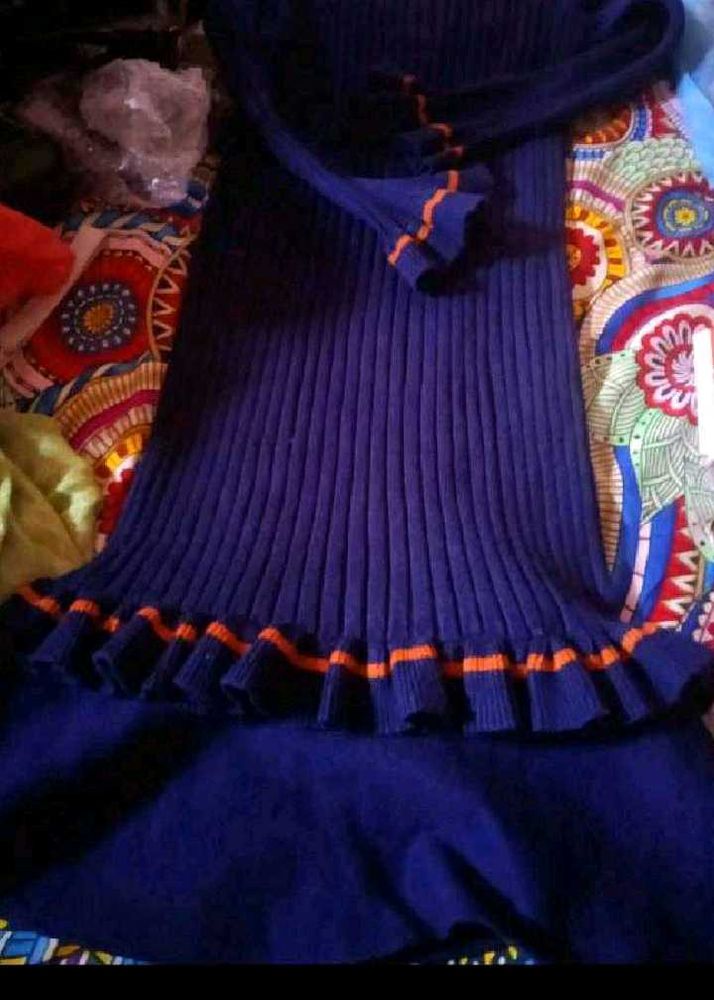 Navy Blue Ribbed Dress with Orange Trim