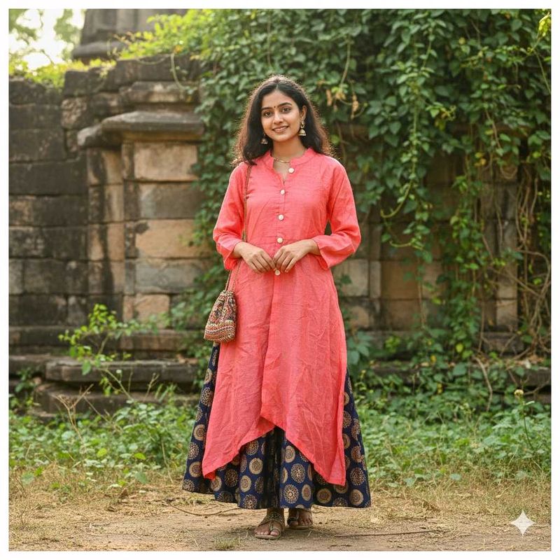 Elegant Peach Kurta with Skirt