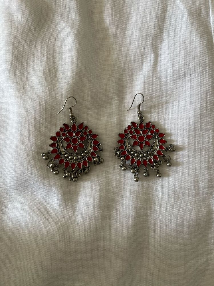 Red &amp; Silver Ethnic Jhumka Earrings