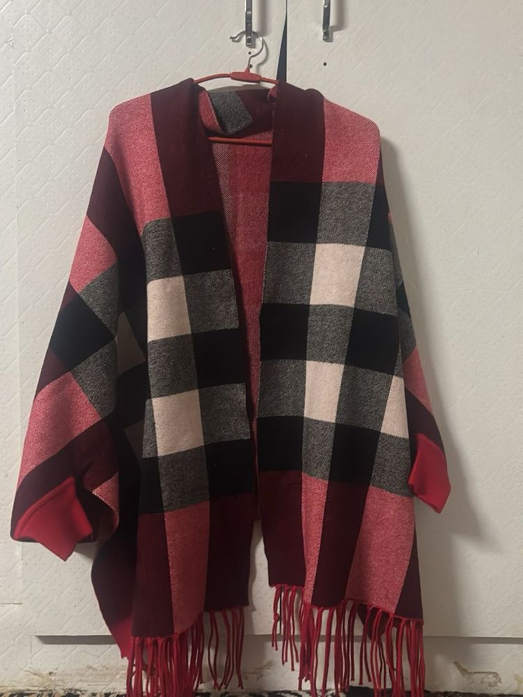 Cozy Plaid Poncho with Fringes