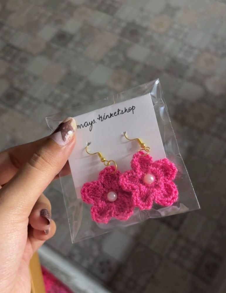 Handmade Pink Crochet Flower Earrings