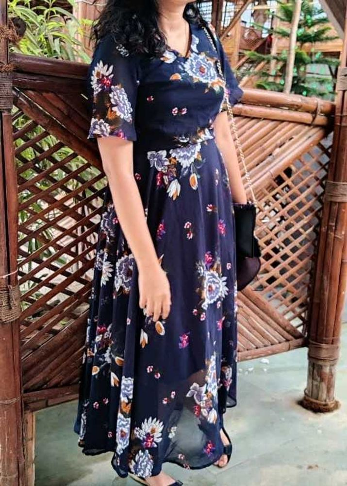 Navy Floral Print Midi Dress
