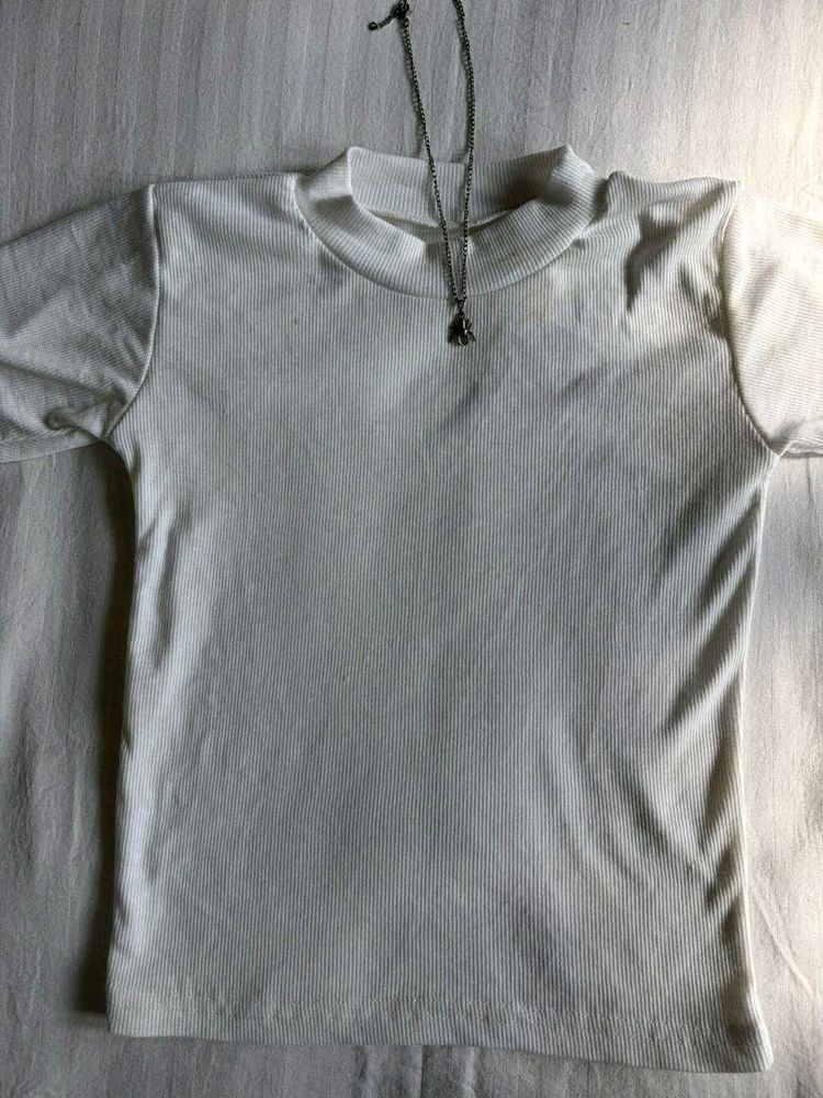 White Ribbed Mock Neck T-Shirt