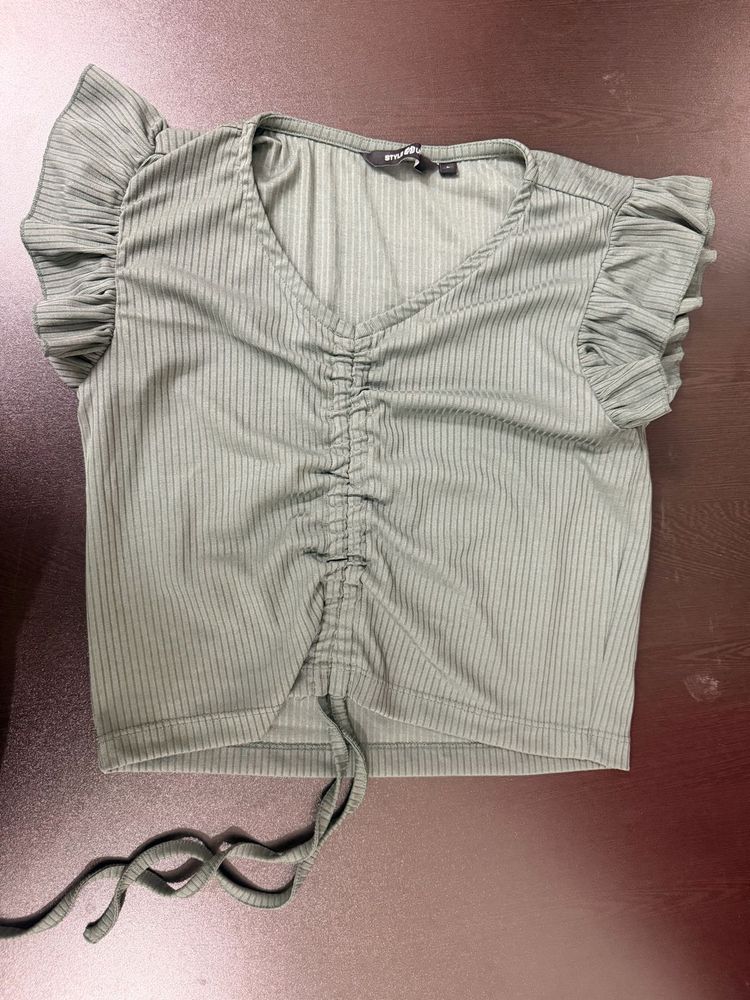 Ribbed Ruched Crop Top with Ruffle Sleeves