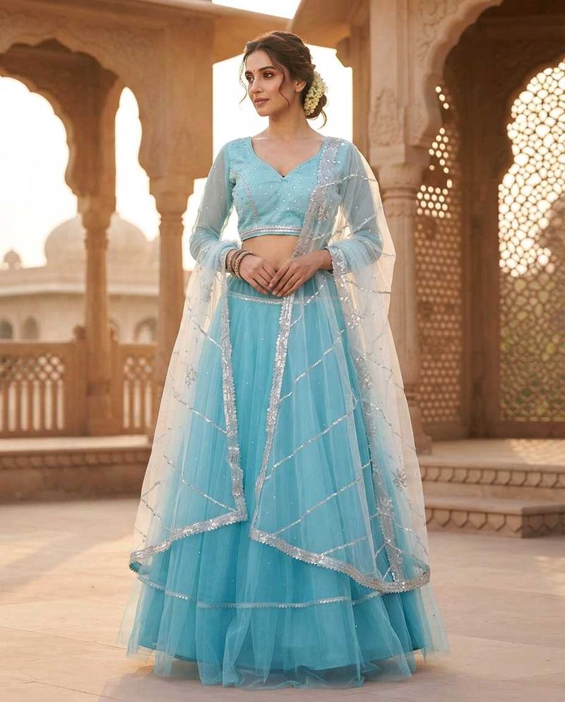 Sky Blue Embroidered Lehenga Choli