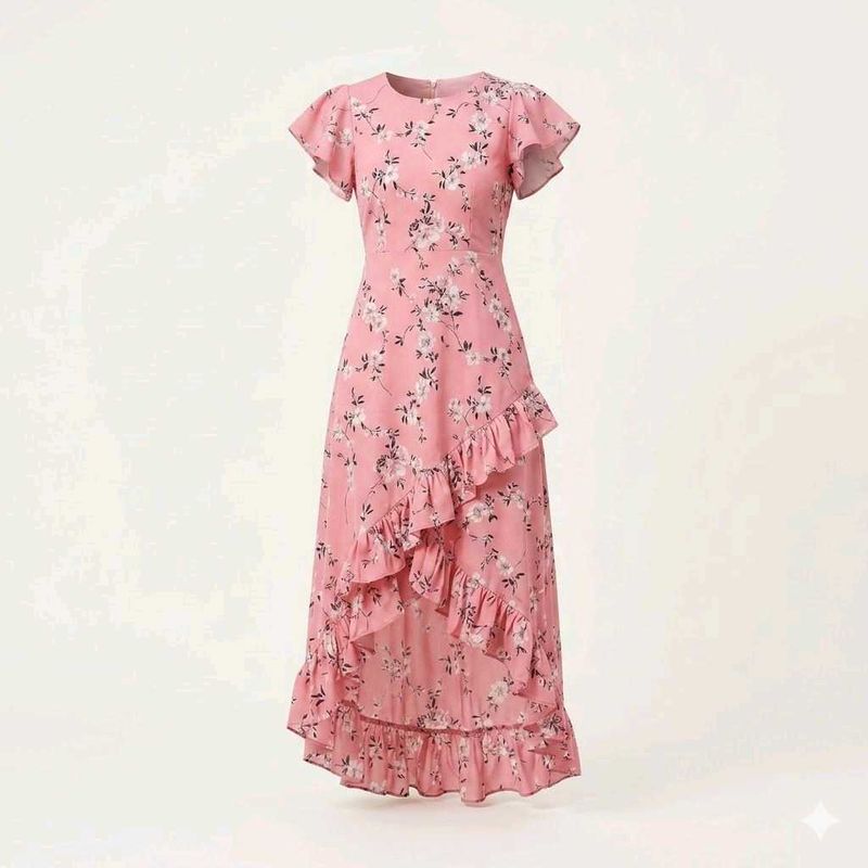 Pink Floral Ruffle Hem Dress