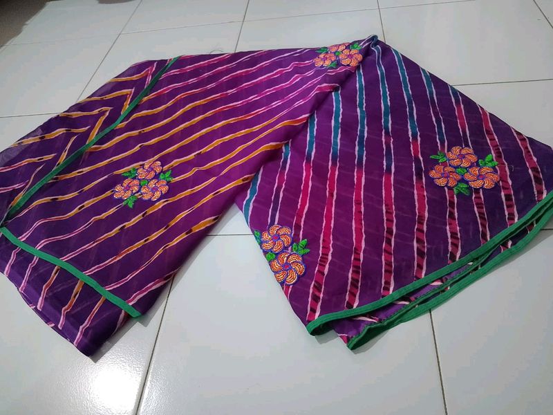 Purple Lehariya Saree With Unstitched Blouse