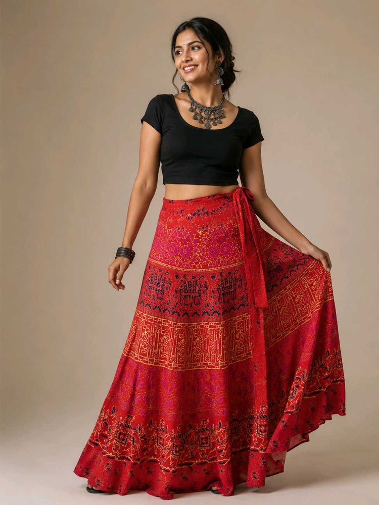 Bohemian Red Ethnic Print Wrap Skirt