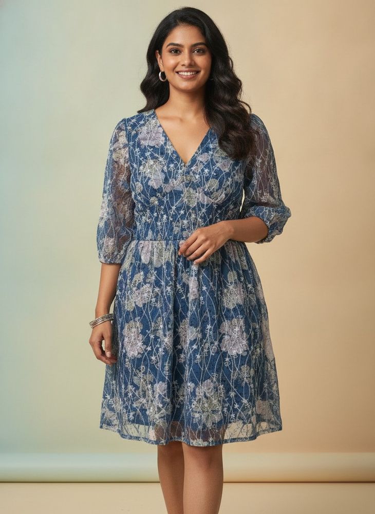 Blue Floral Sheer Overlay Dress