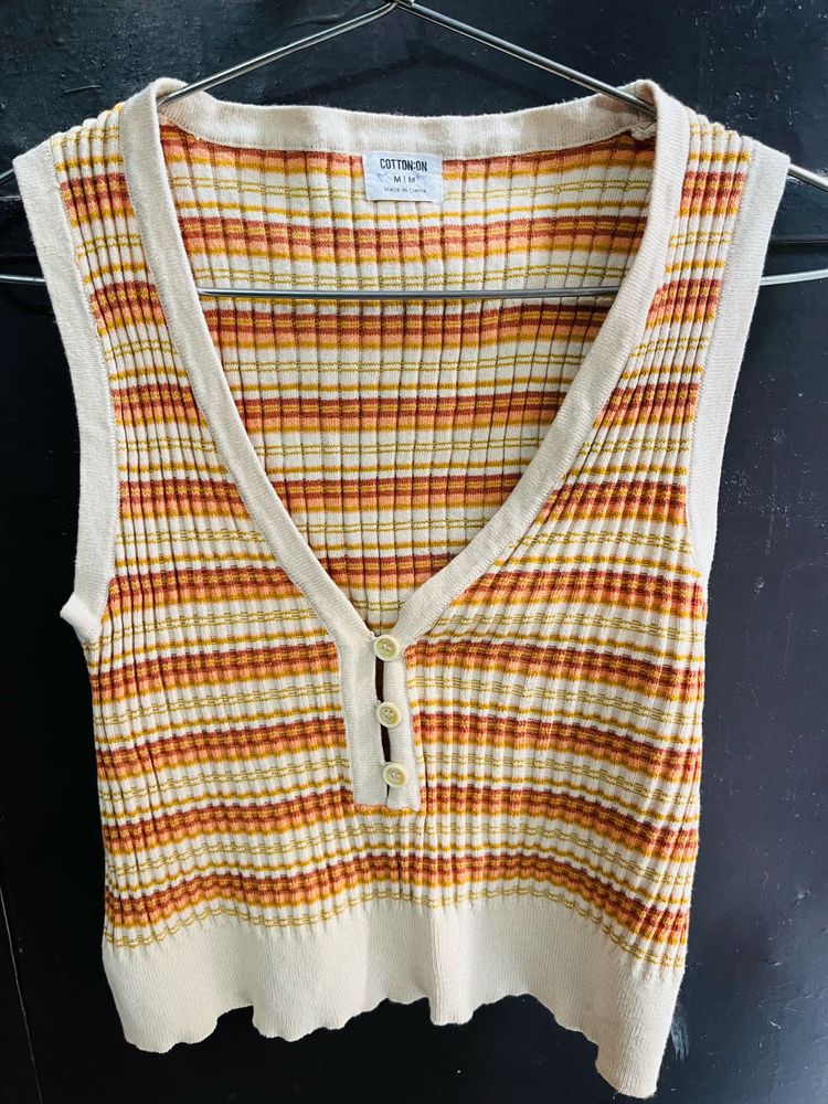 Striped V-Neck Sleeveless Knit Top