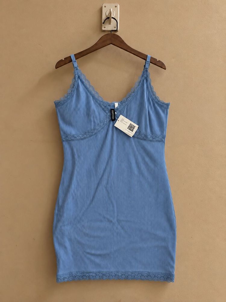 H&amp;M Blue Lace Ribbed Cami Boydcon Dress